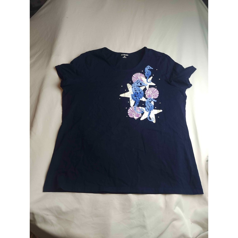 Kim Rogers T-Shirt Womens Size 2XL Navy Blue Knit Seahorse Shell Rhinestone Top